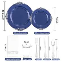 Blue & Silver Plastic Plates Disposable - 175pc Party Set For 25 Guests - As Picture/F - View 7