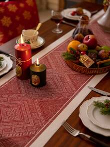 1 pieza Camino de mesa navideño rojo con diseño geométrico jacquard, decoración navideña de granja vintage con flecos, adecuado para Navidad, reuniones familiares, fiestas de hotel, cenas de boda, decoración de mesa de comedor, decoración del hogar, decoración del ambiente navideño, Feliz Navidad - Rojo - Ver 7