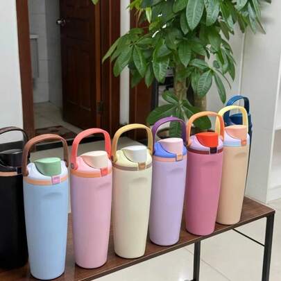 [Outdoor Sports Insulated Flask] 30 Oz 304 Stainless Steel 6-12H Heat/Cold Retention Vacuum Double-Wall With Straw Handle Portable Car Cup For Winter Camping Hiking Trekking