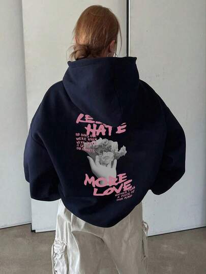 sweat-shirt à capuche ample et thermique à imprimé graphique pour femmes, mode manches longues, hiver