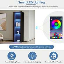 Czarna, błyszcząca gablota ekspozycyjna z oświetleniem LED, 3 przeszklone przegrody, 55*38*166 cm, gablota ekspozycyjna, szafka stojąca, szafka wysoka, szafka do przechowywania