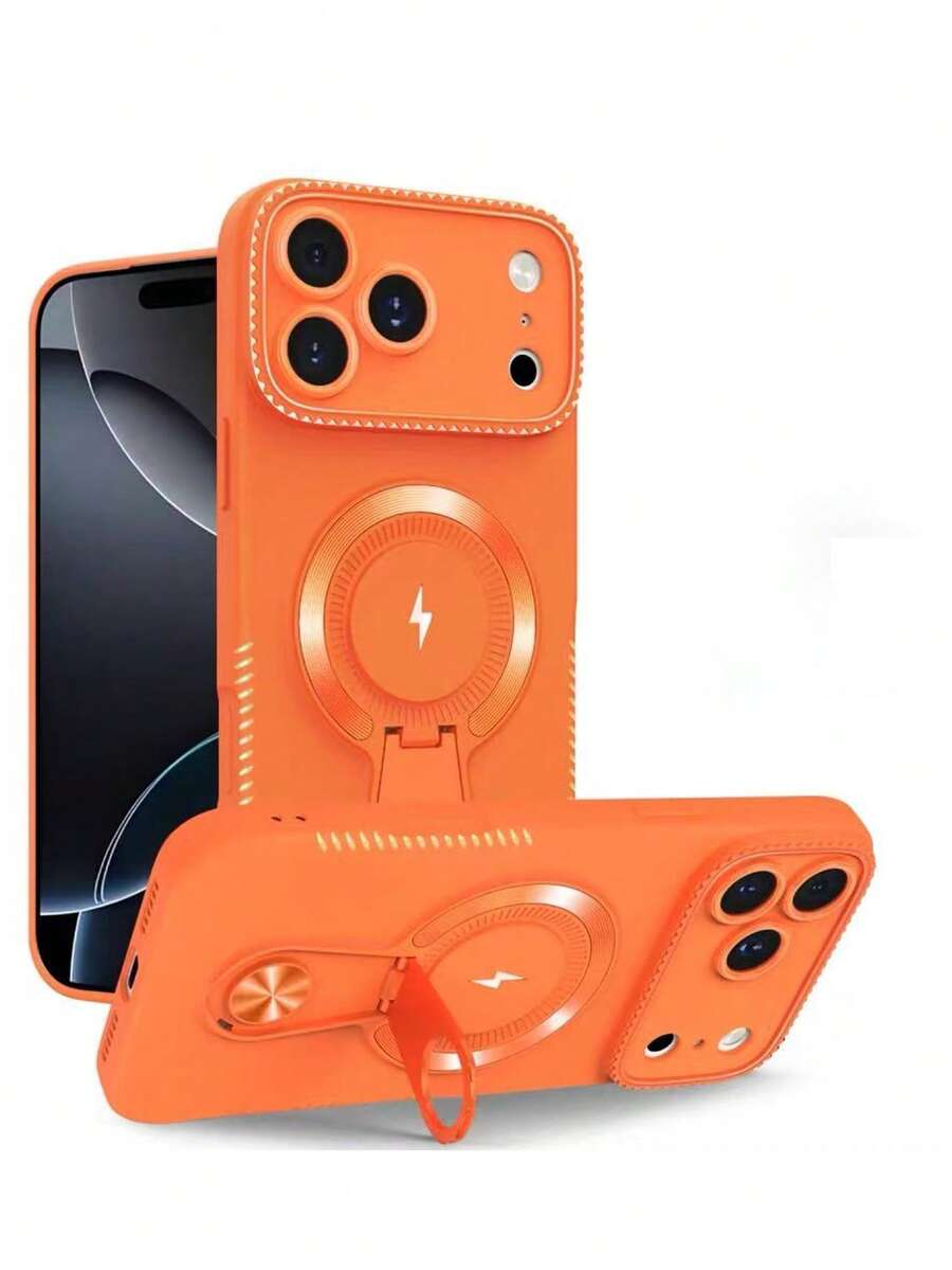 时尚高品质磨砂边 CD 图案磁性手机支架外壳适用于 17 Pro Max、14、16 Pro Max，硅胶全身保护套适用于 15、13、12、11 - 橘色 - 查看 1