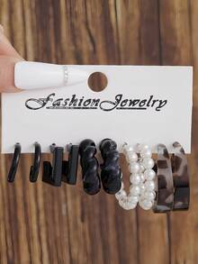 5-15 Pairs Colorful Exaggerated Gold-Plated C-Shaped Beaded Acrylic Resin Earrings, Versatile Set