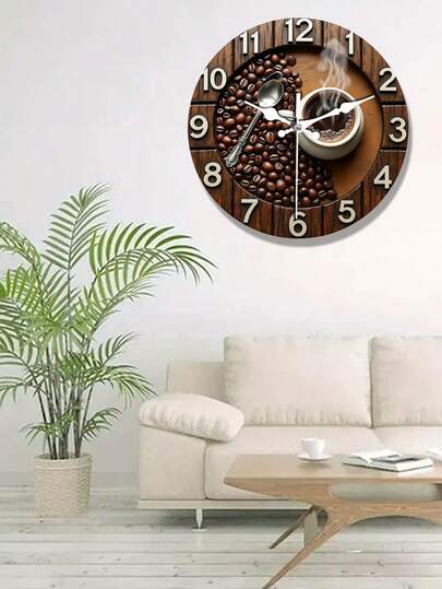 2D Flat Coffee Cup Beans Wooden Silent Wand Klok Moderne Home Living Room, Bedroom, Kitchen, Office Battery Operated (AA Not Included) Mother's Day view 3