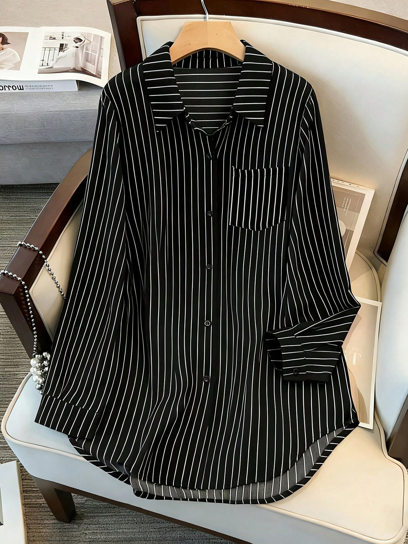 قميص طويل الأكمام أحادي الصدر كاجوال فضفاض مخطط لل...