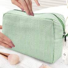GFU Cosmetic Bags For Women, Seersucker Cosmetic Bag, Travel Toiletry Stripe Makeup Bag, Large Women Aesthetic Organizer Storage Pouch, Girls Handbags Purses, Green{"Color_name":"Green"} - 綠色 - 查看 7