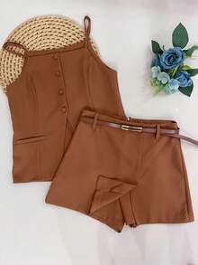 Sophisticated And Elegant Set | Suit-Style Blouse With High Slit At The Hem | Simple Cut Short-Skirt With Belt | Office And Party - Đồng - Xem 3