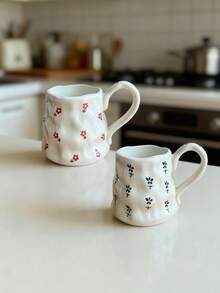 1 pièce Tasse en céramique asymétrique avec motif floral créatif dessiné à la main, tasse de thé d'après-midi, tasse à café, tasse de petit-déjeuner, tasse de dessert pour célébrité internet mignonne - tasse - Voir 4