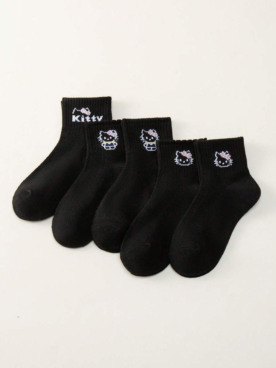 5 pares de calcetines de malla para niñas en verano, calcetines deportivos finos de estudiante con diseño de Hello Kitty y gatitos de dibujos animados en color blanco