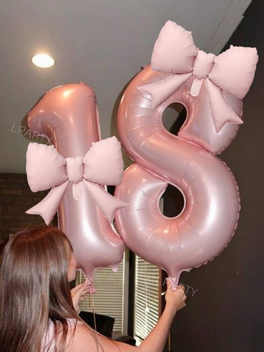 2件組 40英吋粉色數字0-9生日派對裝飾氣球，搭配粉色啞光蝴蝶結氣球，適用於生日、派對、粉色主題生日、派對裝飾 - 粉紅色數字 - 查看 1