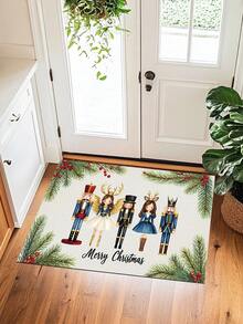 1 pieza Felpudo con tema navideño - Alfombra con patrón lindo de cascanueces y ángel, decoración navideña, felpudo moderno grueso y absorbente de secado rápido para baño, decoración de baño, alfombra antideslizante para entrada interior, felpudo, alfombra de cocina que absorbe el aceite y antideslizante