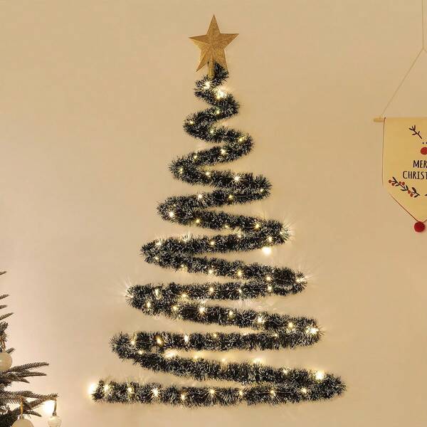 Plush Christmas Tree With Pearl Tree Topper Decoration Light, Suitable For Wall, Glass, Doorway, Party Background