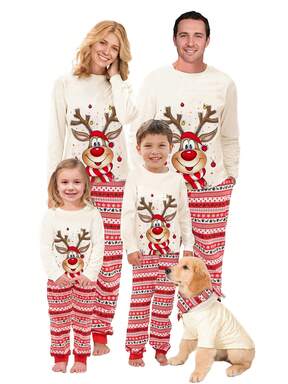 Family Matching Christmas Set Elk Print Long Sleeve Round Neck Tops/Romper Striped Trousers Loungewear Sleepwear
