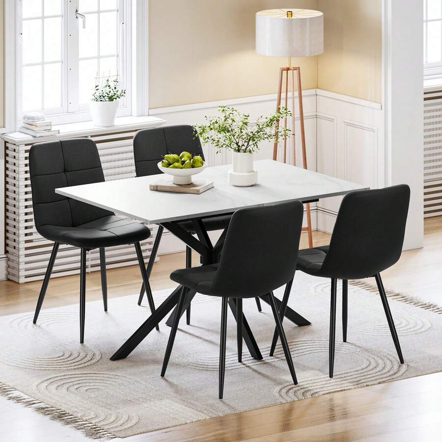 Jooli H Extendable Dining Table And Chairs Set Of 4, Easy Clean Rectangular Dining Table With Padded Chairs Durable Dining Furniture Set Suitable For Dining Room And Kitchen, White Marble Table With Linen Black Chairs