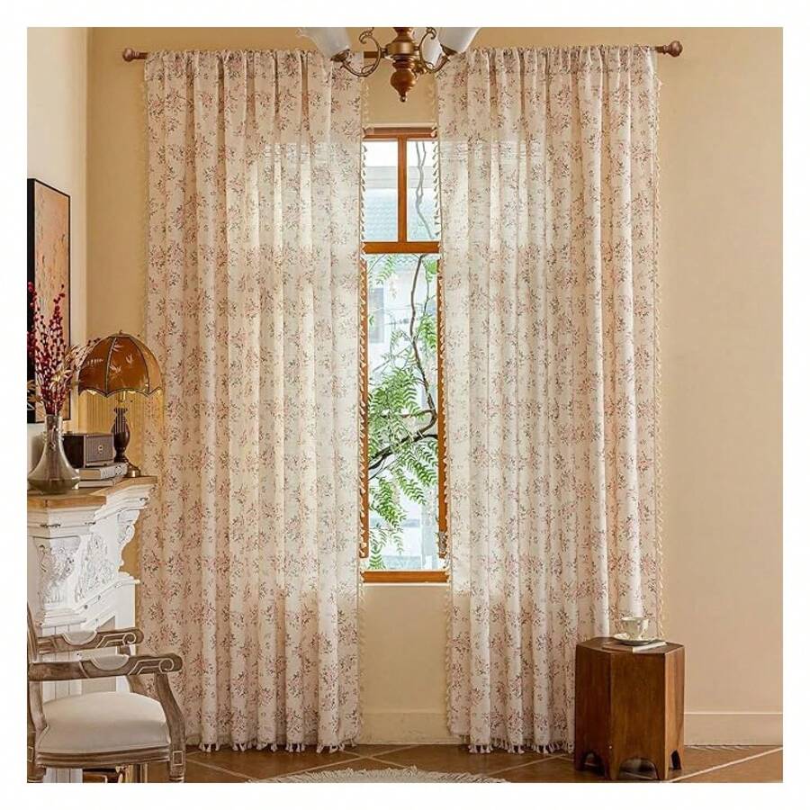 Pink Floral Curtains 84 Inch Length - Semi Sheer Window Treatments For Bedroom, Boho Living Room Drapes, 2 Panels, Rod Pocket, Light Filtering - 多色176 - 查看 1
