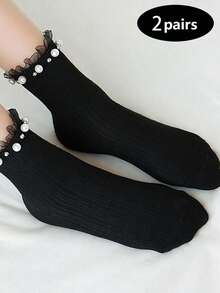 1 Pair Of Women's Lace-Edged Pearl Mid-Calf Socks, Fall Socks - Black - View 10