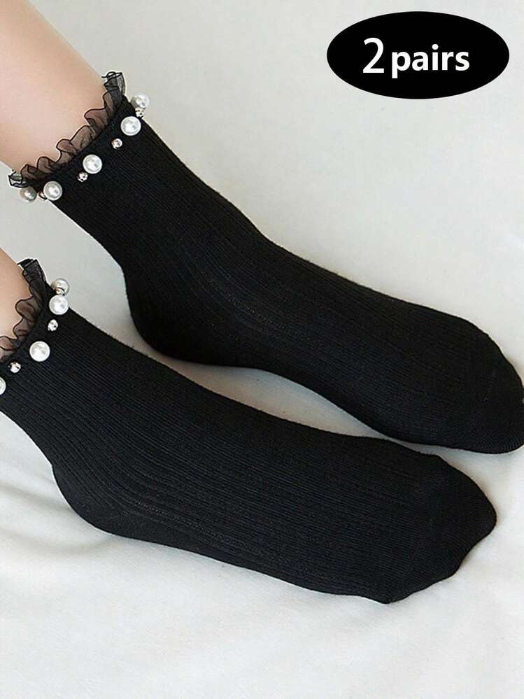 1 par de calcetines de media caña para mujer con borde de encaje y perlas, calcetines de otoño - Negro - Añade 10