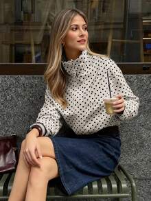 女士复古立领长袖撞色波点抽绳外套，百搭休闲泡泡雪纺街头通勤外套 - 杏色波點 - 查看 6