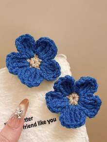 2pcs Hand-Knitted Blue Floral Hair Clip, Women's Forehead Side Fringe Alligator Hair Clip Hair Accessory, New Style, Claw Clips