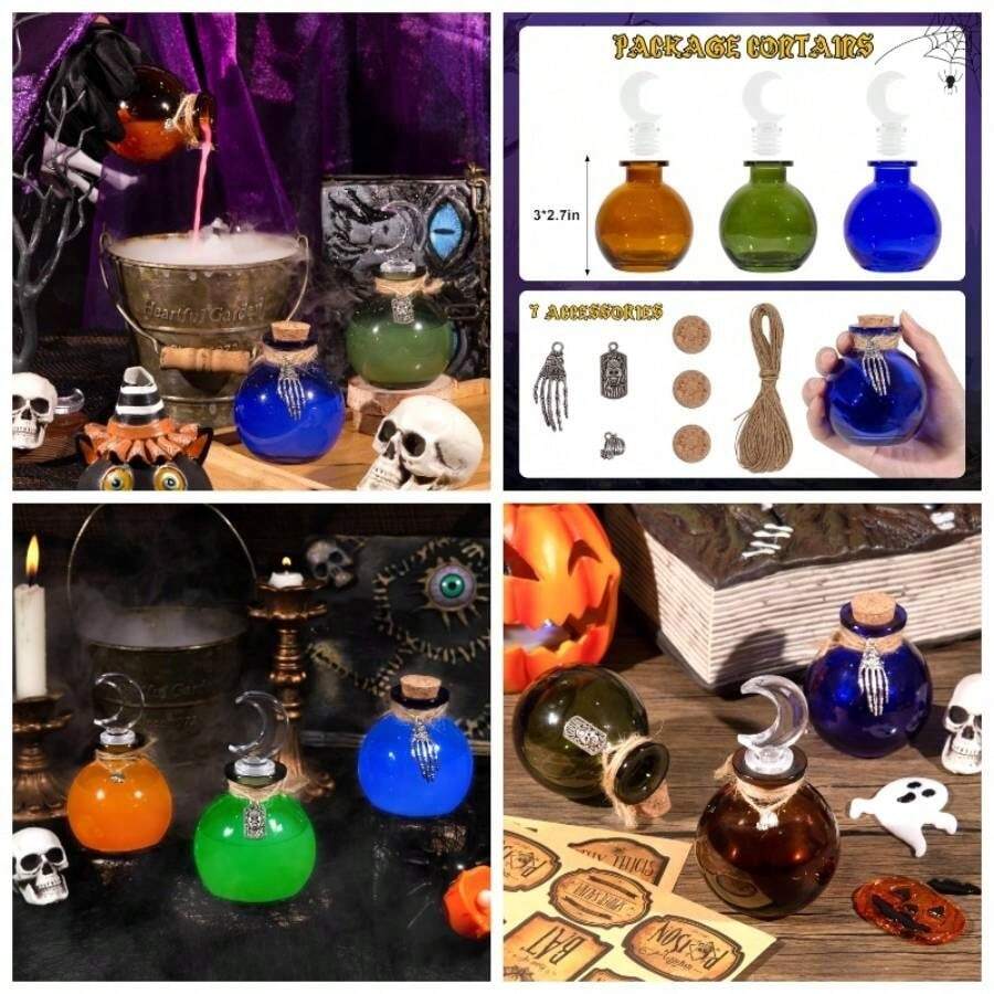 Potion Bottles Halloween Decoration, Set Of 4 Glass Potion Bottles With Corks And 10 Halloween Bottle Labels, Halloween Tiered Tray Decor, Halloween Decorations Indoor