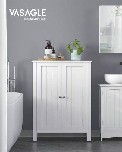 Bathroom Floor Storage Cabinet With Double Door Adjustable Shelf, 23.6 X 11.8 X 31.5 Inches Home Bathroom Decor, White