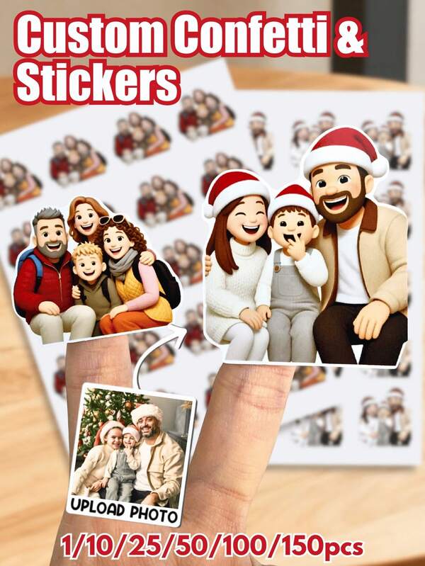 1/10/25/50/100/150 pièces Papier photo personnalisé avec style de personnage de pack d'emojis 2D, rendu de personnages de pack d'emojis 2D selon les photos téléchargées, papier photo de dessin animé de Noël, cadeaux d'autocollants personnalisés, convient pour la famille, les amis, multifonctionnel, décoratif, réutilisable, raffiné, , haute qualité, coloré, moderne, personnalisé