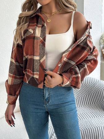 Casual Plaid Button Lantern Sleeve Woolen Coat, Autumn/Winter