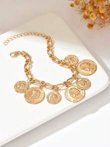 1pc Fashionable Minimalist Vintage Portrait Coin Badge Charm Chain Women Bracelet, Suitable For Casual, Holiday, Date, Gift, Party