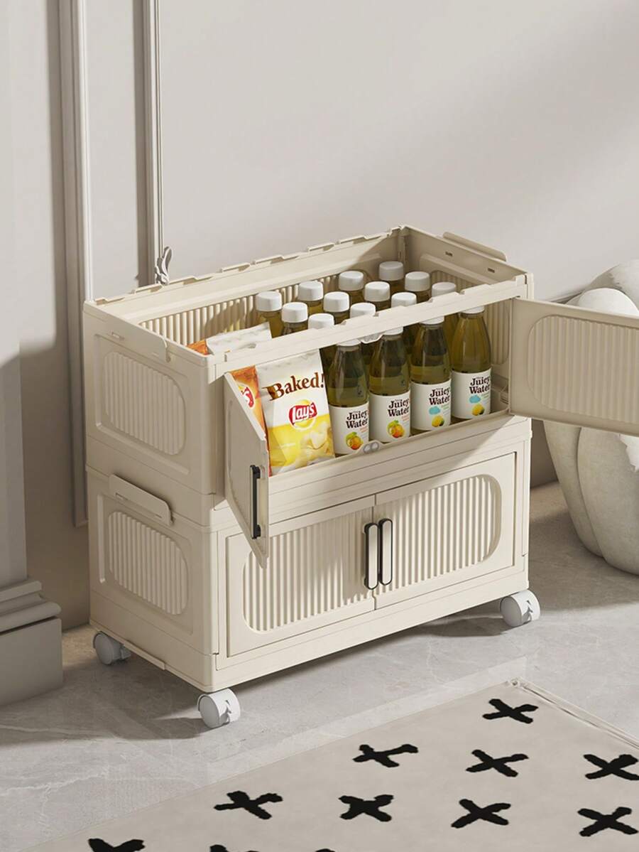 1 pieza Gabinete de almacenamiento con puertas dobles magnéticas y ruedas, adecuado para ropa, ropa de cama, bocadillos, juguetes, etc., gabinete de almacenamiento de plástico a prueba de agua de gran capacidad, muy adecuado para el baño, el hogar, la oficina o el dormitorio, solución de almacenamiento multifuncional, puerta transparente, cierre magnético