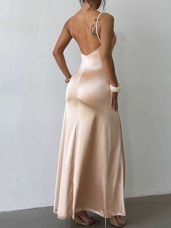 1 pieza Vestido elegante de punto de unicolor con volante asimétrico/asimétrico y espalda descubierta, adecuado para fiestas, bodas y todas las estaciones