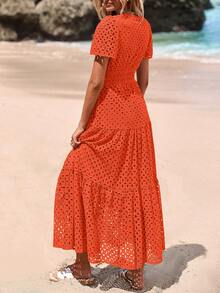 Women's Spring And Summer Maxi Dress Short Sleeve V Neck Hollow Out Eyelet A Line Long Flowy Wedding Guest Beach Vacation Dresses For Women - 橘色 - 查看 2