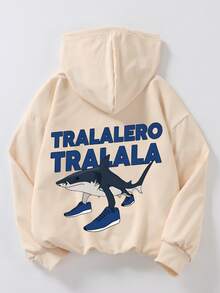 Tween Boy Casual Simple Shark Print Hoodie Boys Long Sleeve Sweatshirt Autumn And Winter Student Style