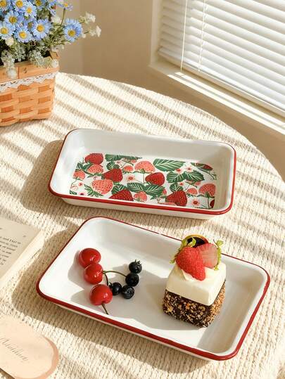 1 prato esmaltado minimalista com padrão floral vermelho, prato de frutas, assadeira quadrada esmaltada, assadeira para iniciantes no forno, assadeira para pão