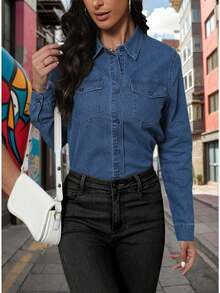 Halloween Thanksgiving Double Pocket Denim Shirt - Women's Button Down Long Sleeve Top For Fall Parties & Office - Màu xanh lam - Xem 6