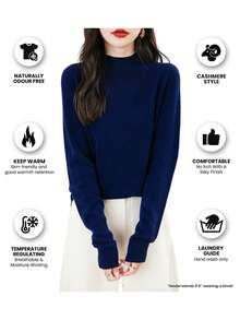 Women's 100% Merino Wool Seamless Turtleneck Long Sleeve Knit Sweater - Navy Blue - View 7