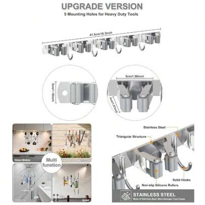 Soporte de pared para escoba, organizador de escoba de montaje en pared de acero inoxidable, perchero pesado para escoba y trapeador, almacenamiento y organización para el hogar, cocina, jardín, garaje, 5 estantes, 4 ganchos