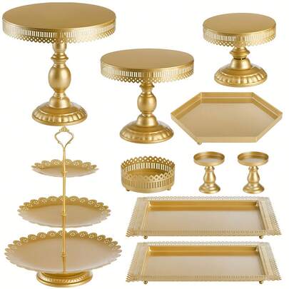 10-Piece Set Golden Iron Cake Stands - Versatile Display Towers with Multiple Tiered Options for Cupcakes, Desserts, and Fruits - Ideal for Weddings, Birthdays, Baby Showers, and Anniversary Celebrations - No Electricity Needed - Perfect for Seasonal Events Including Christmas, Thanksgiving, Valentine's Day, Father's Day, and Mother's Day