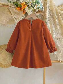 Embroidered Girls Dress, Ruffle Collar Design With Delicate Embroidery, Long Sleeve Loose Dress, Suitable For Daily Outing/Outdoor Leisure Holiday/Princess Style, Spring/Autumn - Orange - View 3