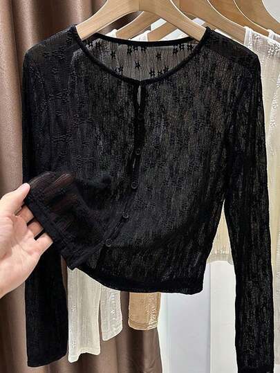 1 chiếc áo khoác ngắn cài khuy ren màu đen, trắng và be dành cho nữ, kiểu cổ shawl nhẹ, thích hợp mặc ngoài váy hoặc áo tank top cho mùa xuân/hè/thu.