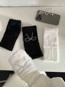 1 Pair Women's Fashion Plush Bow Rhinestone Half Finger Gloves, Versatile Casual Warm Winter Fingerless Gloves For Students, Office Work, Suitable For Cold Season,Festival,Party - Multicolor - View 2