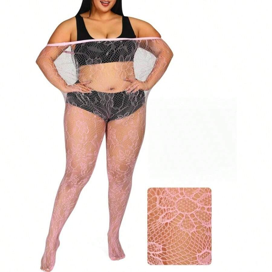 Floral Lace Plus Size Tights High Waist Velvet Pantyhose Sunflower Fishnet Stockings Leggings - Hồng - Xem 1
