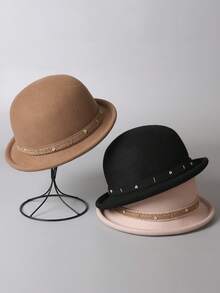 1 peça elegante chapéu de feltro de lã macia de alta qualidade com parte superior redonda e versátil para mulheres, decorado com flores de contas e acabamento em renda, aba curta da moda