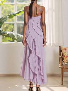Women Ruffle Pleated Long Dress Sleeveless Halter Irregular Tiered Pleated Flowy Chiffon Dresses For Wedding Guest Cocktail Party - 紫色 - 查看 7