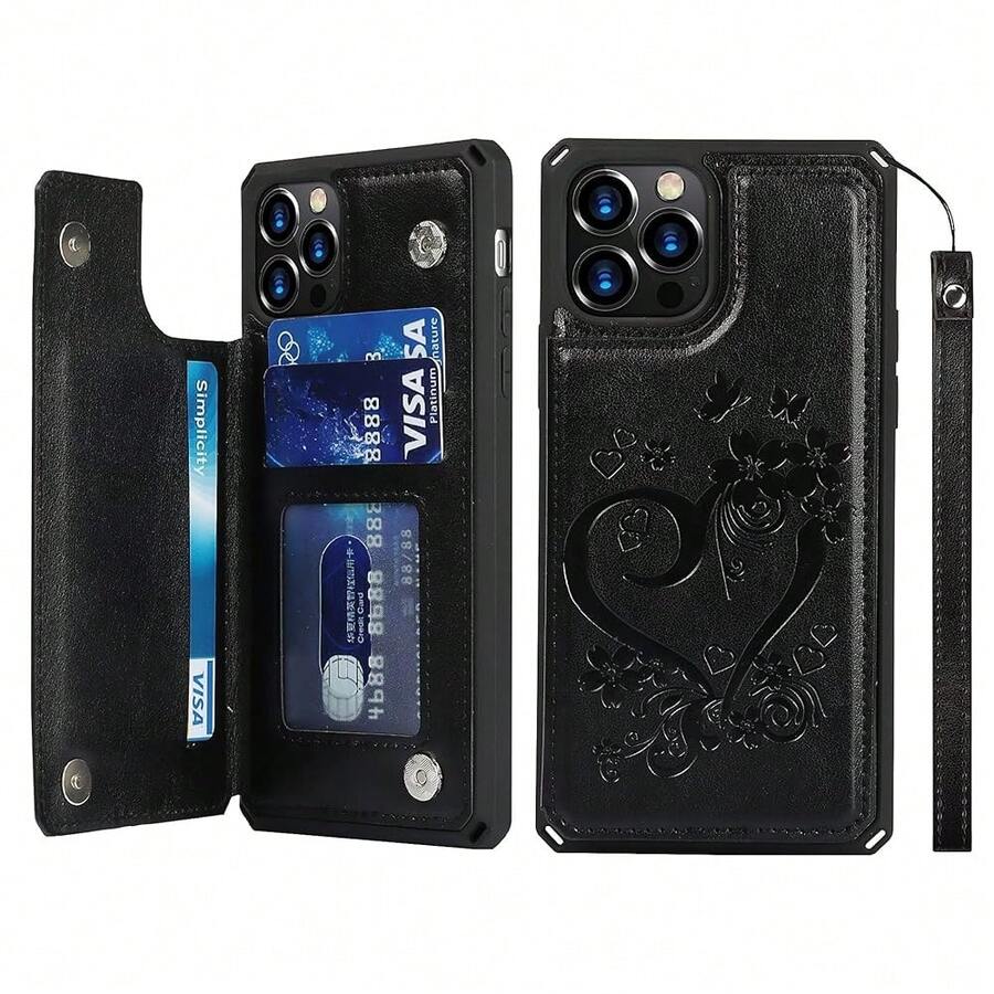 Compatible With IPhone 12 Pro Max Wallet Phone Case With Card Holder For Women, RFID Blocking Embossed PU Leather Wrist Strap Case 6.7 Inch (Heart Black){"Color_name":"H-Black"} - Multicolor6 - View 1