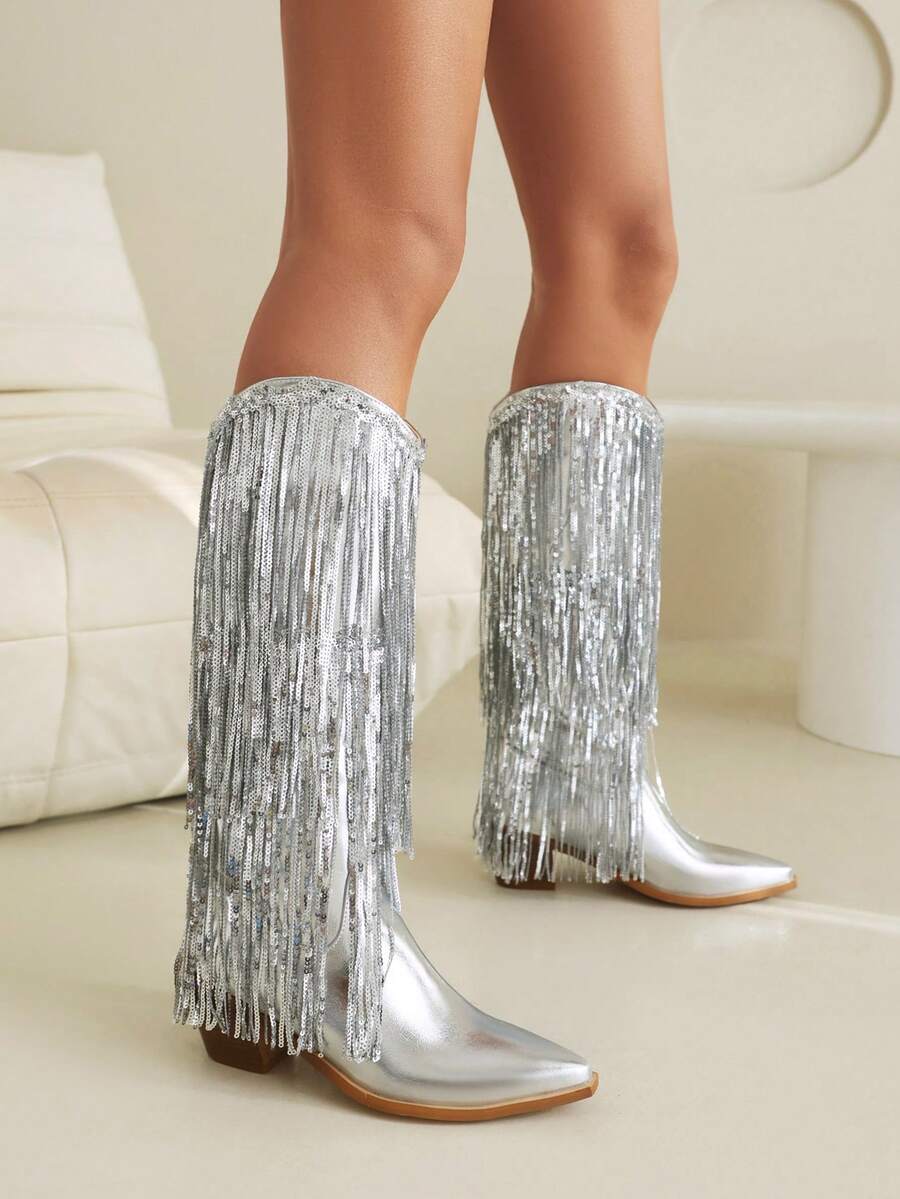 Women's Sparkly Metallic Fringed Fashion Boots Sequin Knee High Cowboy Boots Chunky Heels Pointed Toe Pull On Cowgirl Tassel Boots For Dress Wedding Party Country Music Festival For Women - Bạc - Xem 1