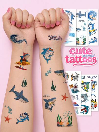 6PCS Minimalist Tattoo Stickers Cute Cartoon Ocean Style Fun Shark Pattern Fake Tattoo Stickers Children's Daily Parties Holiday Gifts Party Play Arm Body Temporary Tattoo Stickers