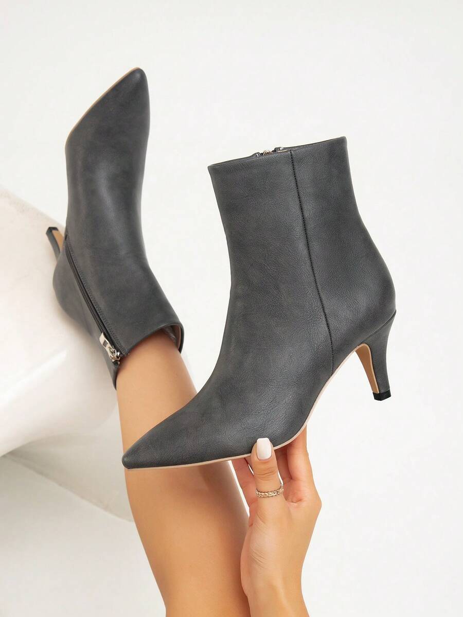 秋冬新款女士百搭保暖性感优雅细高跟尖头踝靴和高跟踝靴，猫跟鞋 - 深灰色 - 查看 1