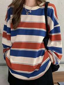 Camiseta informal de poliéster acanalado con cuello redondo, hombros caídos y manga larga a rayas para mujer, con elasticidad media, para uso diario. - Rojo - Ver 4