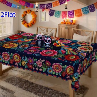 1/36 st. 2D platt rund/rektangulär bordsduk i mexikansk stil med livfullt flerfärgat blommönster - traditionell sydvästlig design i rött, rosa, blått, gult, grönt, orange, lila, svart och vitt - slitstarkt tyg för inomhus-/utomhusbruk, festdekorationer, köks- och matbordsöverdrag, lättrengörlig dekorativ bordsduk