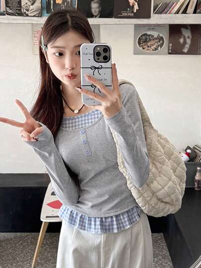 Cute Plaid Patchwork 2 In 1 Button Embellished Long Sleeve T-Shirt, Fitted Silhouette, Suitable For Photo Shoots, Autumn/Winter